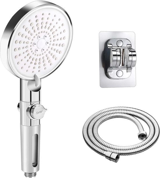 Douchekop idrorisparmiante con getto a sfera, 1,5 m, douchette manuale, diametro 120 mm, douchekop con pompa a pressione e 6 tipi di getto, douchekop con filtro e interruttore, supporto senza foratura.