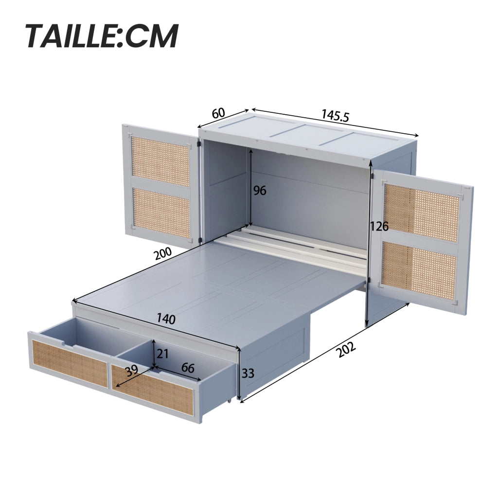 OKWISH Letto a scomparsa 140×200 cm, Letto Matrimoniale con 2 Cassetti, Ante Stile Rattan e Apertura 270°, senza Materasso, Grigio