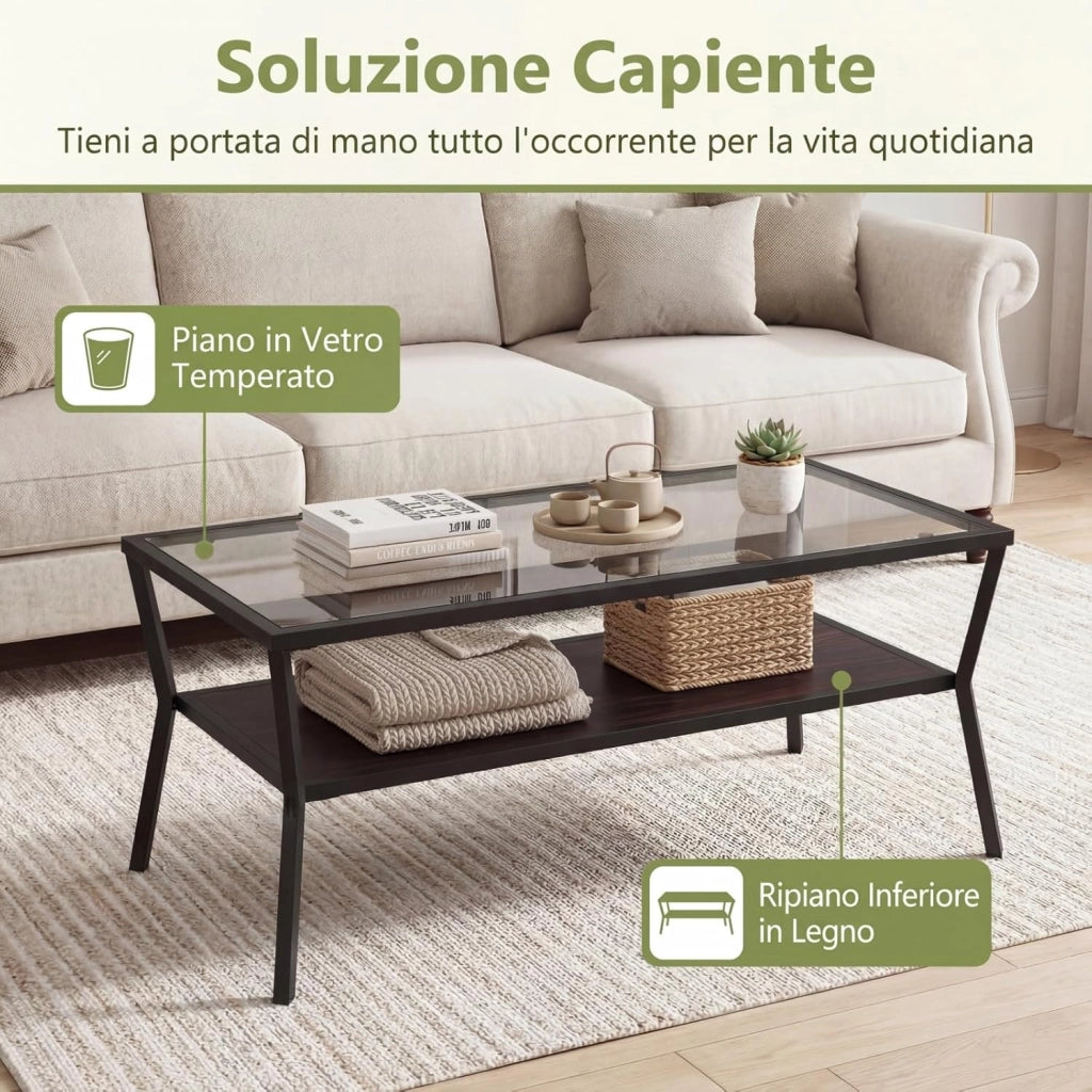 Tavolino da Caffè a 2 Livelli, Tavolino Rettangolare con Piano in Vetro Temperato e Struttura in Metallo, Tavolo Moderno con Ripiano per Soggiorno e Ufficio, 106,5 X 50,5X 46,5 CM