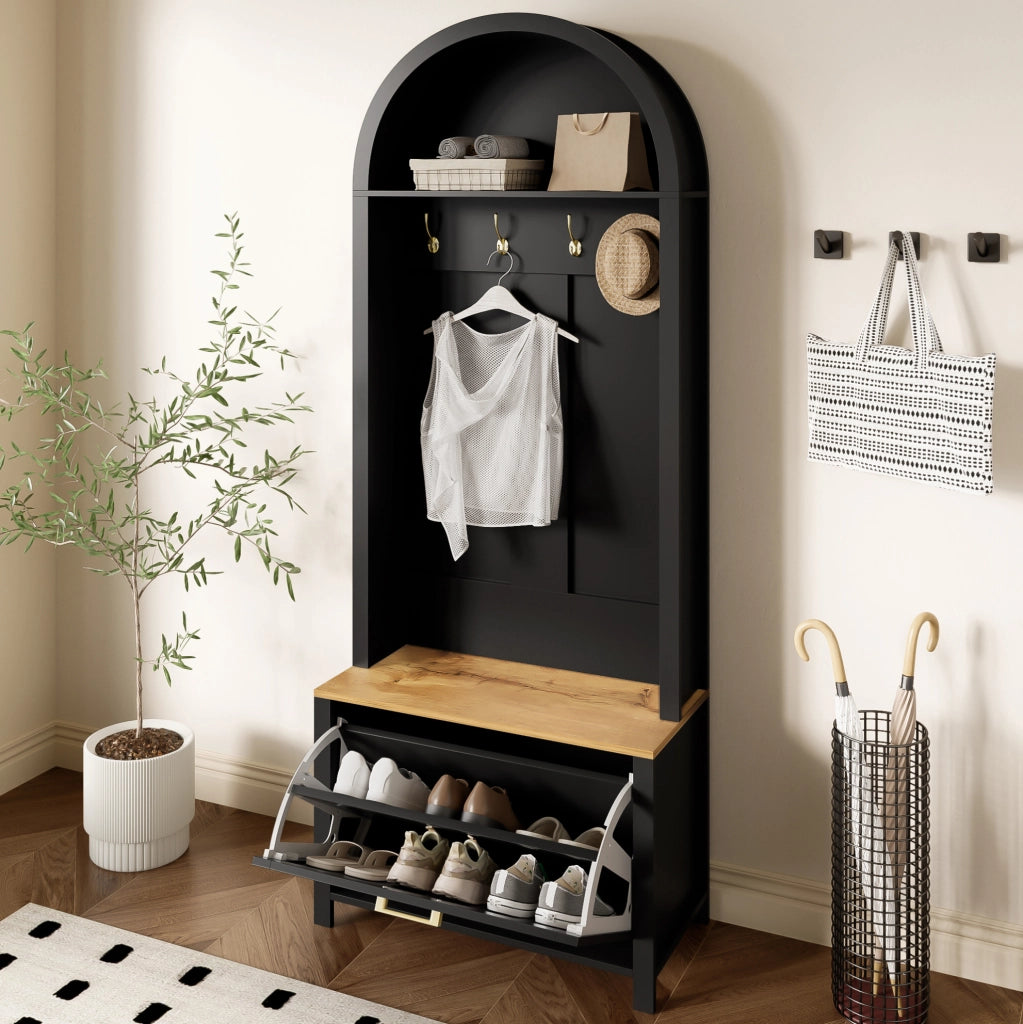 Garderobiera multifunzione con scarpiera; ganci e ripiano 195x75x35 cm; MDF nero e legno