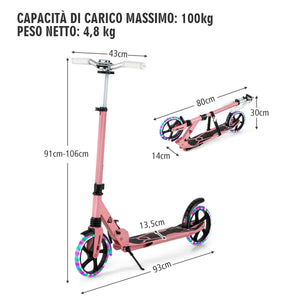 Monopattino con luci LED e ruote silenziose per bambini pi¨´ di 8 anni, Monopattino pieghevole con tracolla Rosa-Monopattini