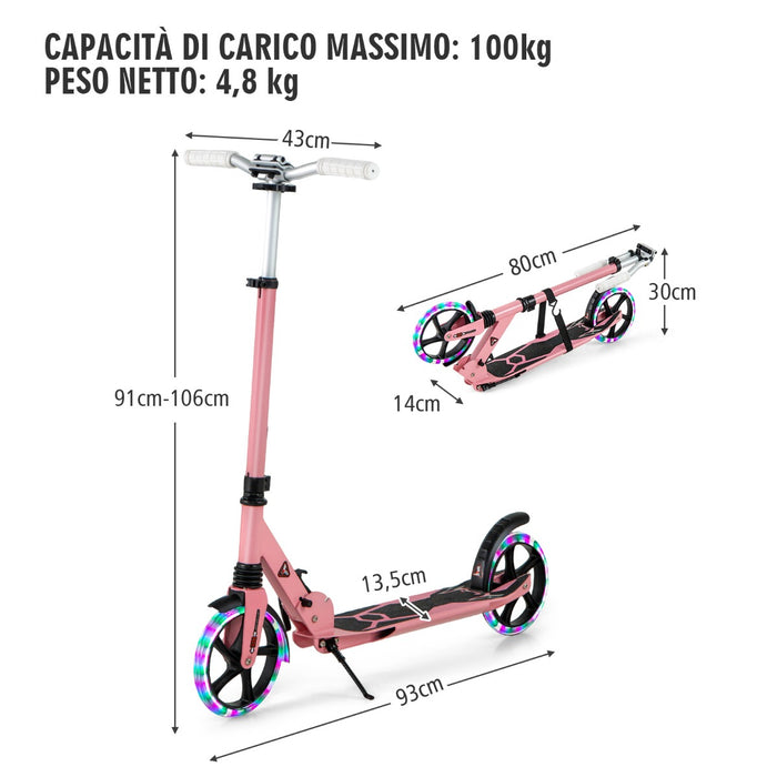 Monopattino con luci LED e ruote silenziose per bambini pi¨´ di 8 anni, Monopattino pieghevole con tracolla Rosa-Monopattini