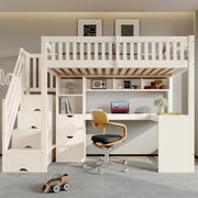 Letto a soppalco 90x200 cm bianco con scala contenitore e scrivania angolare