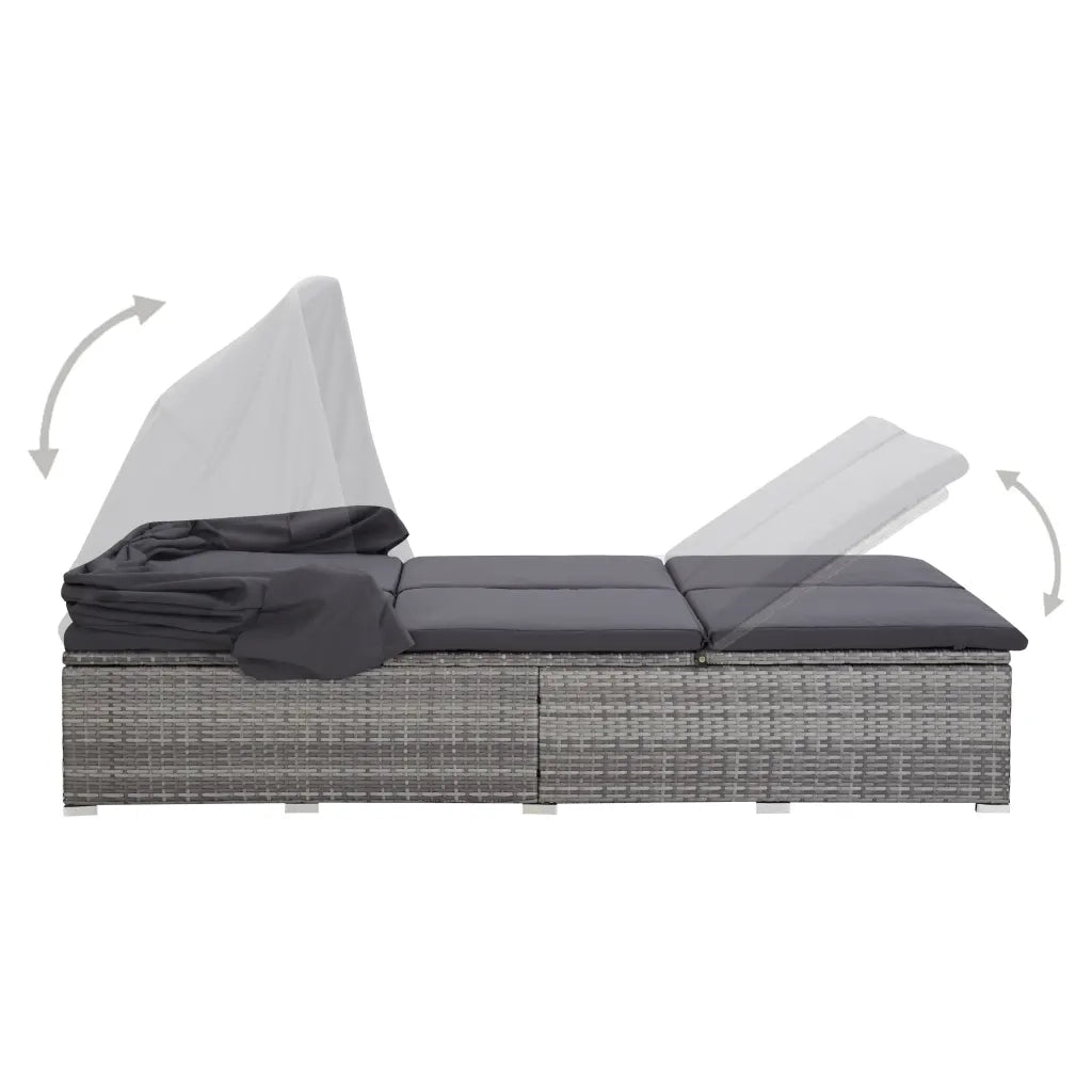 Lettino Prendisole a 2 Posti con Cuscino in Polyrattan Grigio 310236