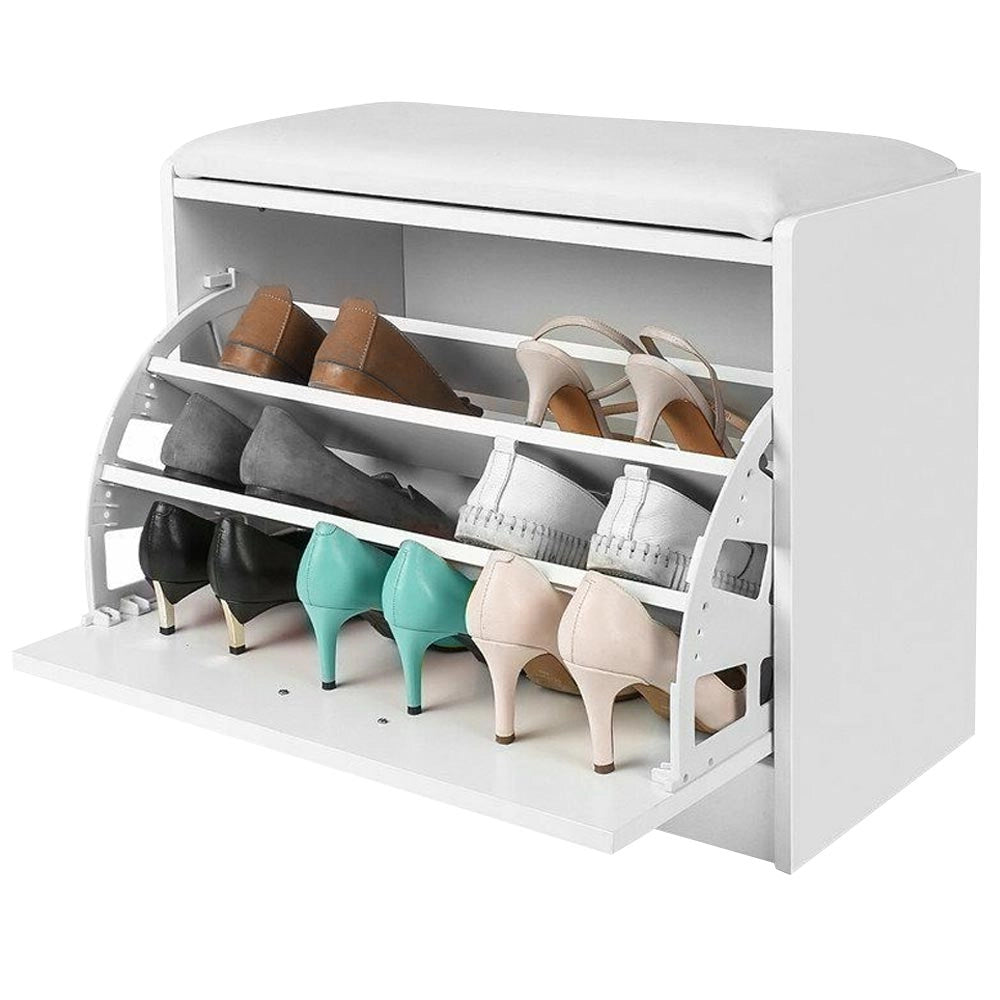 Scarpiera Panca 1 Anta Tripla Profondita con Seduta in Eco Pelle Bianco 60x30x48