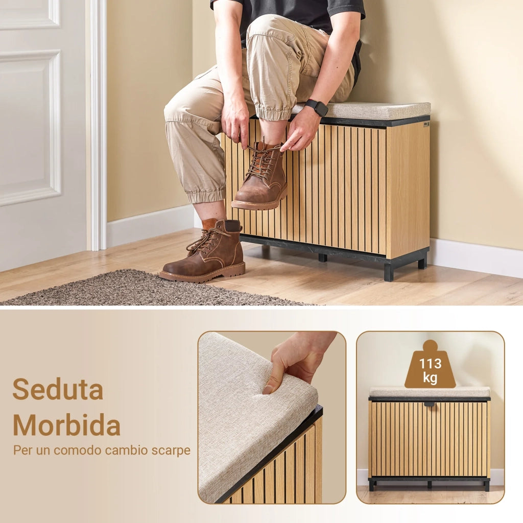 SoBuy Scarpiera Ingresso Panca Contenitore Scarpiera Salvaspazio Slim con Seduta Imbottita Mobile Ingresso Legno per Camera da Letto e Corridoio Nero Effetto Marmo e Legno 60x24x50cm FSR201-N