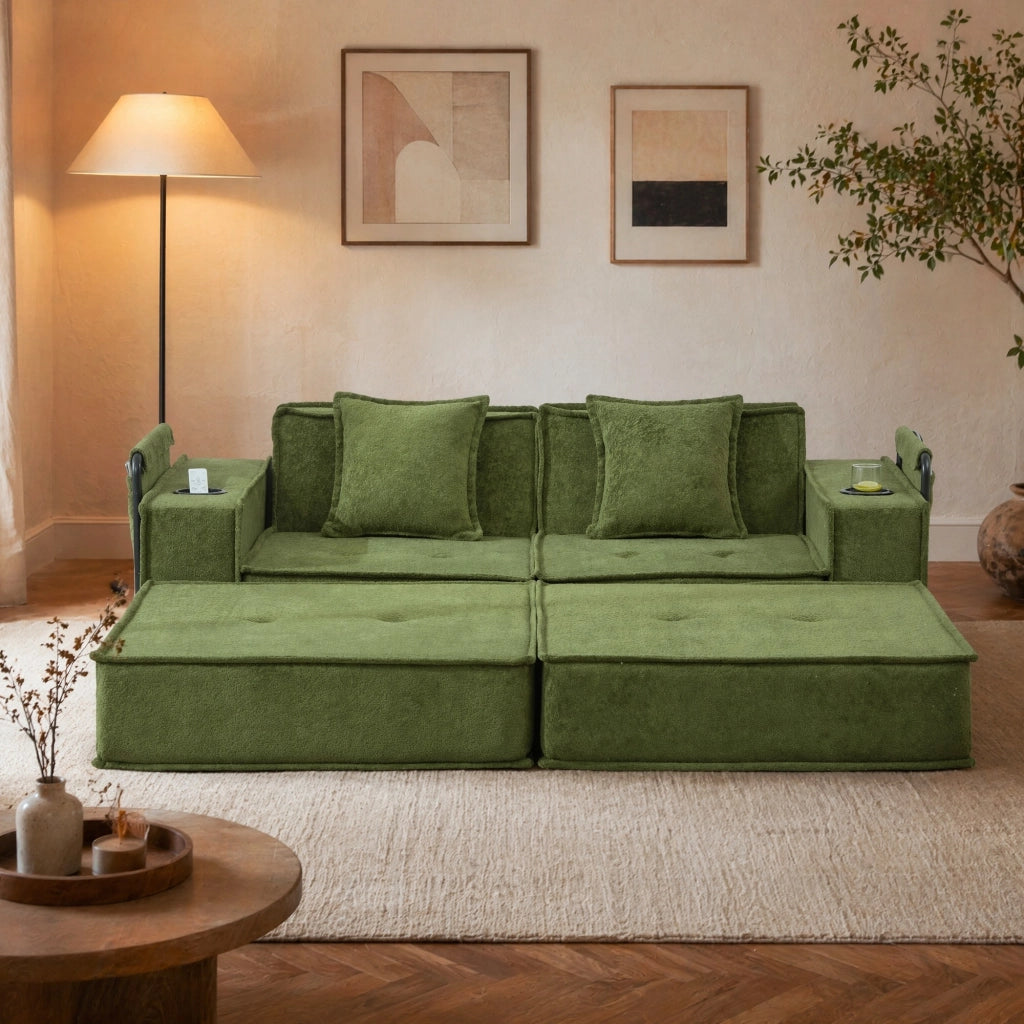 Pouf sofa modulare in ciniglia verde con 2 cuscini; 162x78x66 cm
