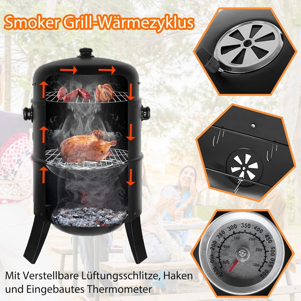 Affumicatore 3 in 1, Barbecue Carbonella, Griglia per Affumicatura con 2 Griglie in Acciaio Inossidabile, Termometro, Barbecue a Carbone, Affumicatore con Coperchio, Ø44,5 x80 cm Affumicatoi, Nero