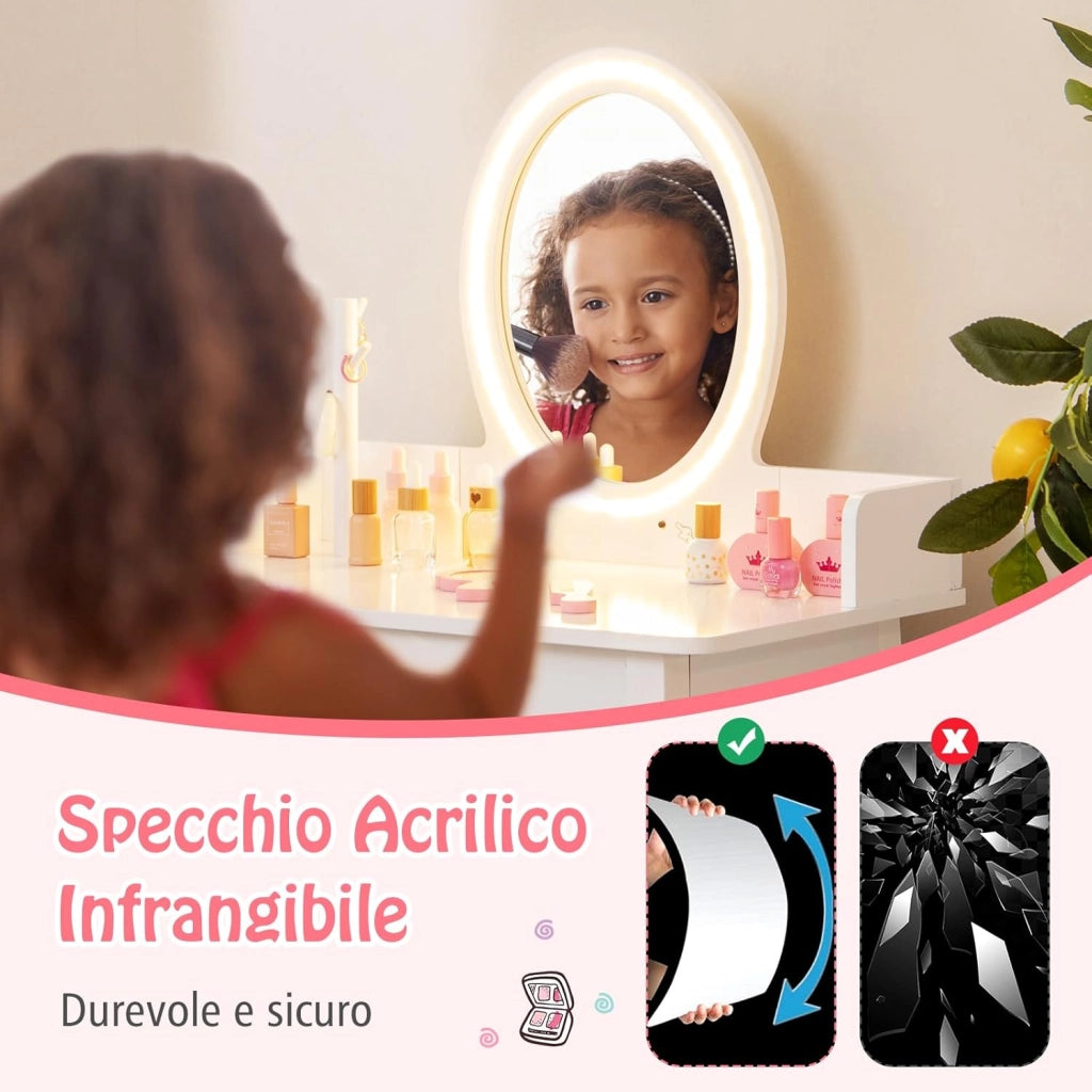 Set Toeletta per Bambini con Sgabello, Cassetti e Specchio Staccabile, Toeletta per Bambini in Legno, Con Luce Regolabile, Ideale per Bambini dai 3 ai 8 Anni, 60 x 35 x 96 cm