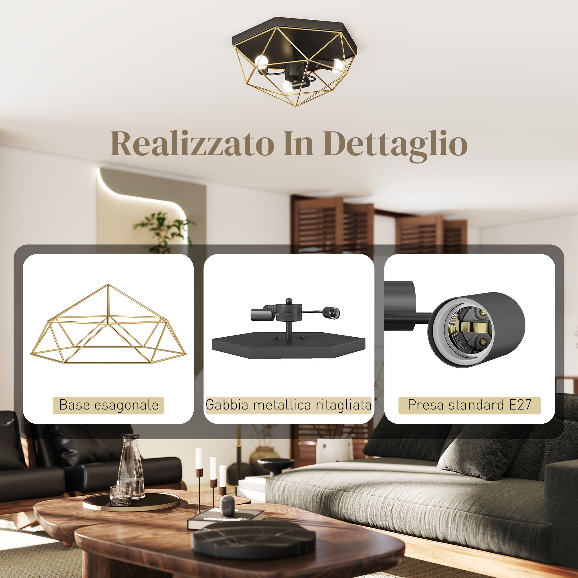 Lampadario Stile Industriale Geometrica con 3 Attacchi E27 per Lampadine LED in Metallo Nero e Oro