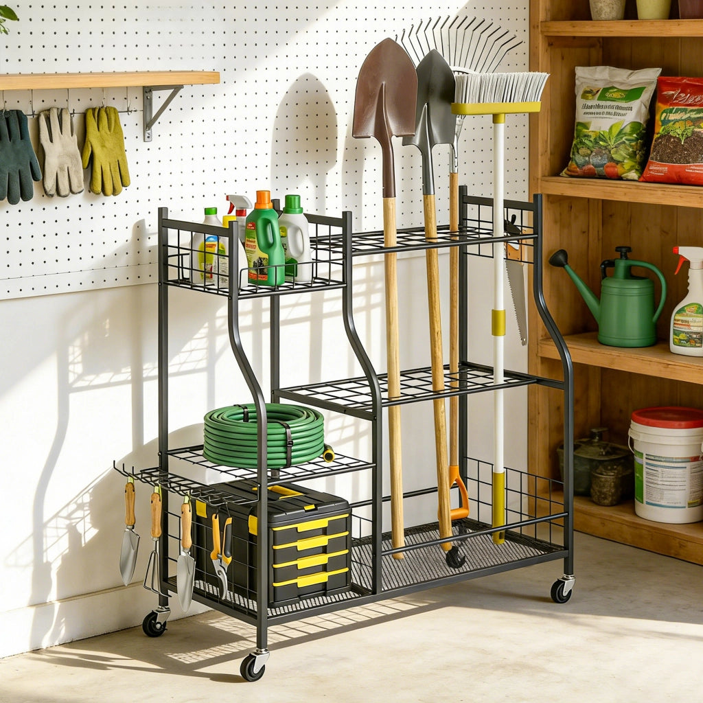 Organizzatore Attrezzi da Giardino 3 Livelli ¨C zephmum ¨C Nero 104x40x95cm