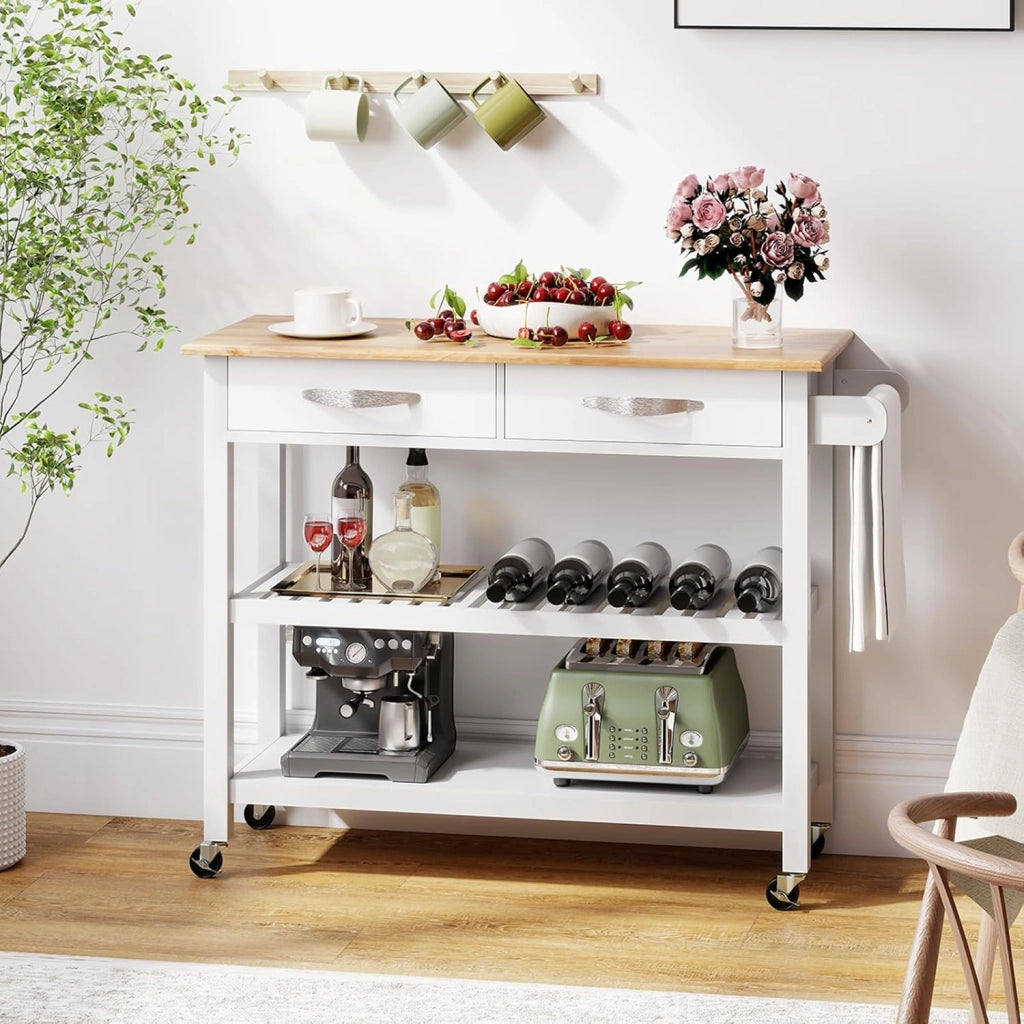 Carrello da Cucina con Ruote Multiuso, Mobile Cucina Salvaspazio in Legno, con 2 Cassetti e 2 Ripiani Aperti, Credenza per Sala da Pranzo, 116 x 43 x 89 cm (Bianco)