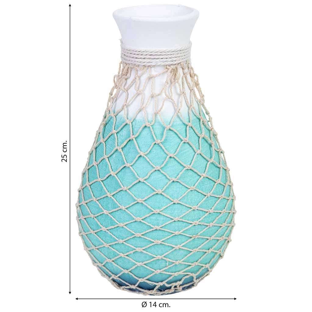 Vaso in legno con rete da pesca blu, 14x14x25 cm