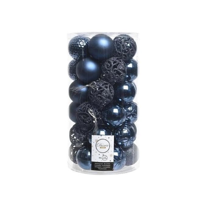 AMICASA 020810 Set 37 Palline di Natale Infrangibili in Plastica Mix Lucide Opache e Glitterate 6 cm colore Blu Notte
