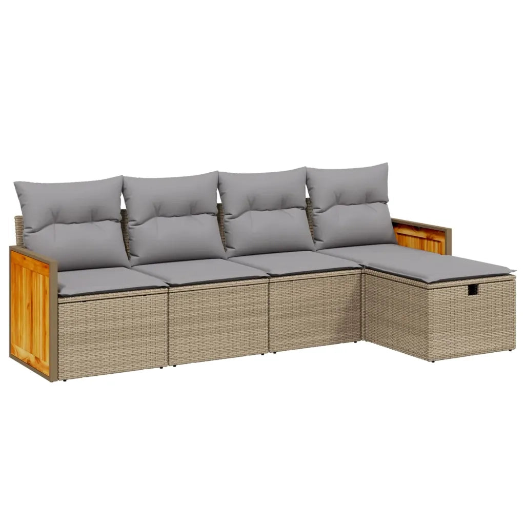 Set Divano da Giardino 5 pz | Set Salotto da Giardino con Cuscini Beige Misto Polyrattan