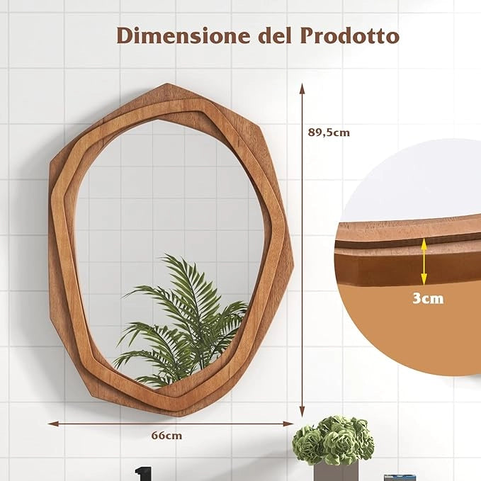 Specchio da Parete Irregolare 89,5 x 66 cm, Specchio Decorativo in HD con Cornice Rustica, Design Astratto, per Bagno Soggiorno Ingresso Sala da Pranzo (89,5 x 66 CM)
