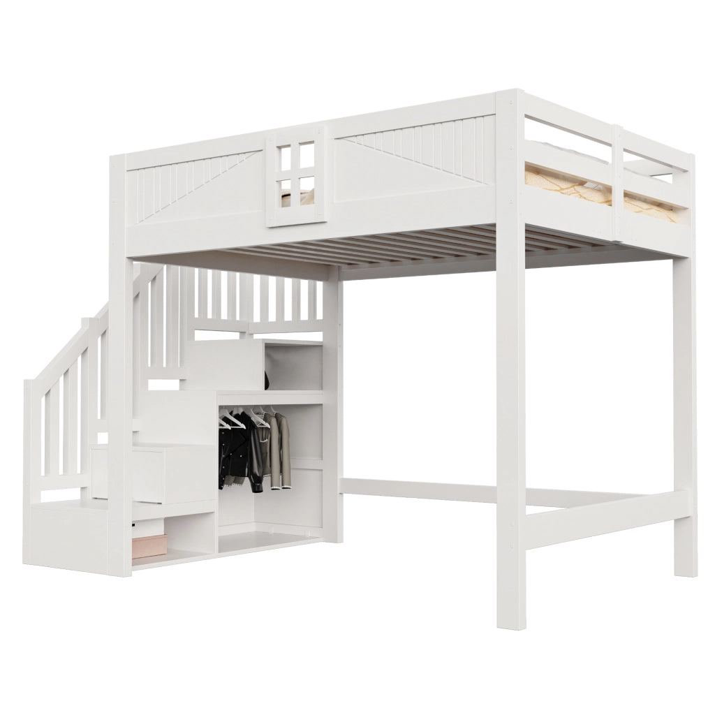 Letto a soppalco 140x200 cm con parapetto a finestra e scala contenitore reversibile; struttura in legno massello; bianco