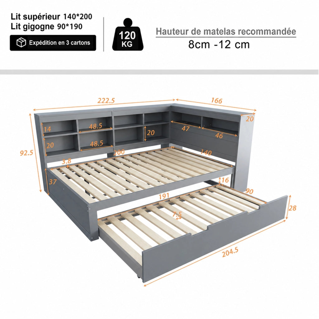 DESMIU Divano letto 140 × 200 cm 2 posti con letto estraibile 90 × 190 cm, USB e vani portaoggetti, senza materasso, grigio