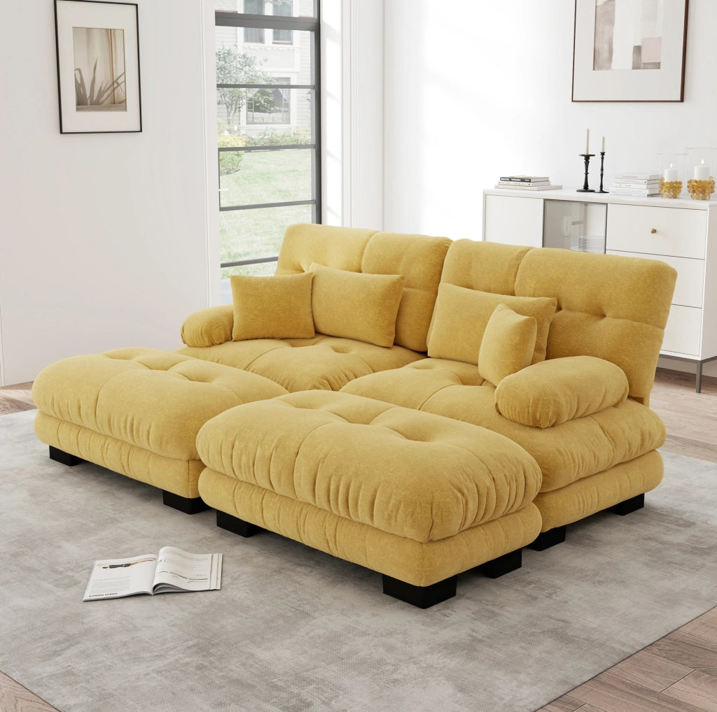 Divano modulare angolare in ciniglia gialla 220x145x81 cm con 2 pouf; cuscini lombari e decorativi