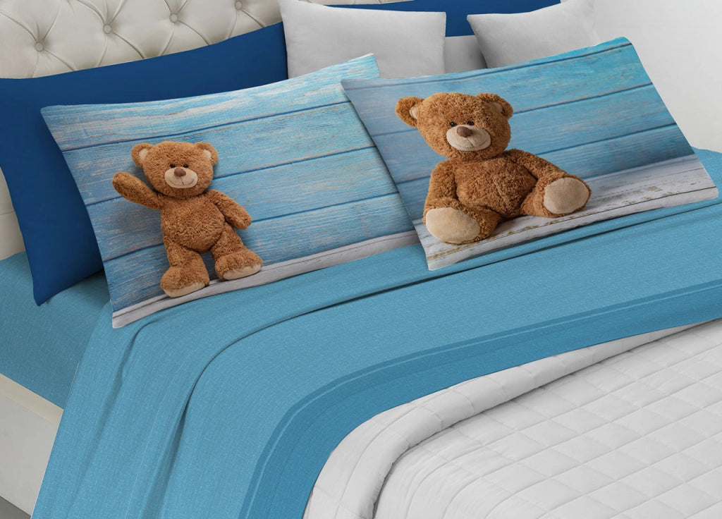 Completo Lenzuola In 100% Cotone Linea Digitale Spin-Off Fantasie Varie Estate - Matrimoniale - Teddy Bear