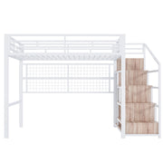 Letto a soppalco matrimoniale 140×200 cm con scala armadio; griglia e LED; senza materasso; metallo; bianco