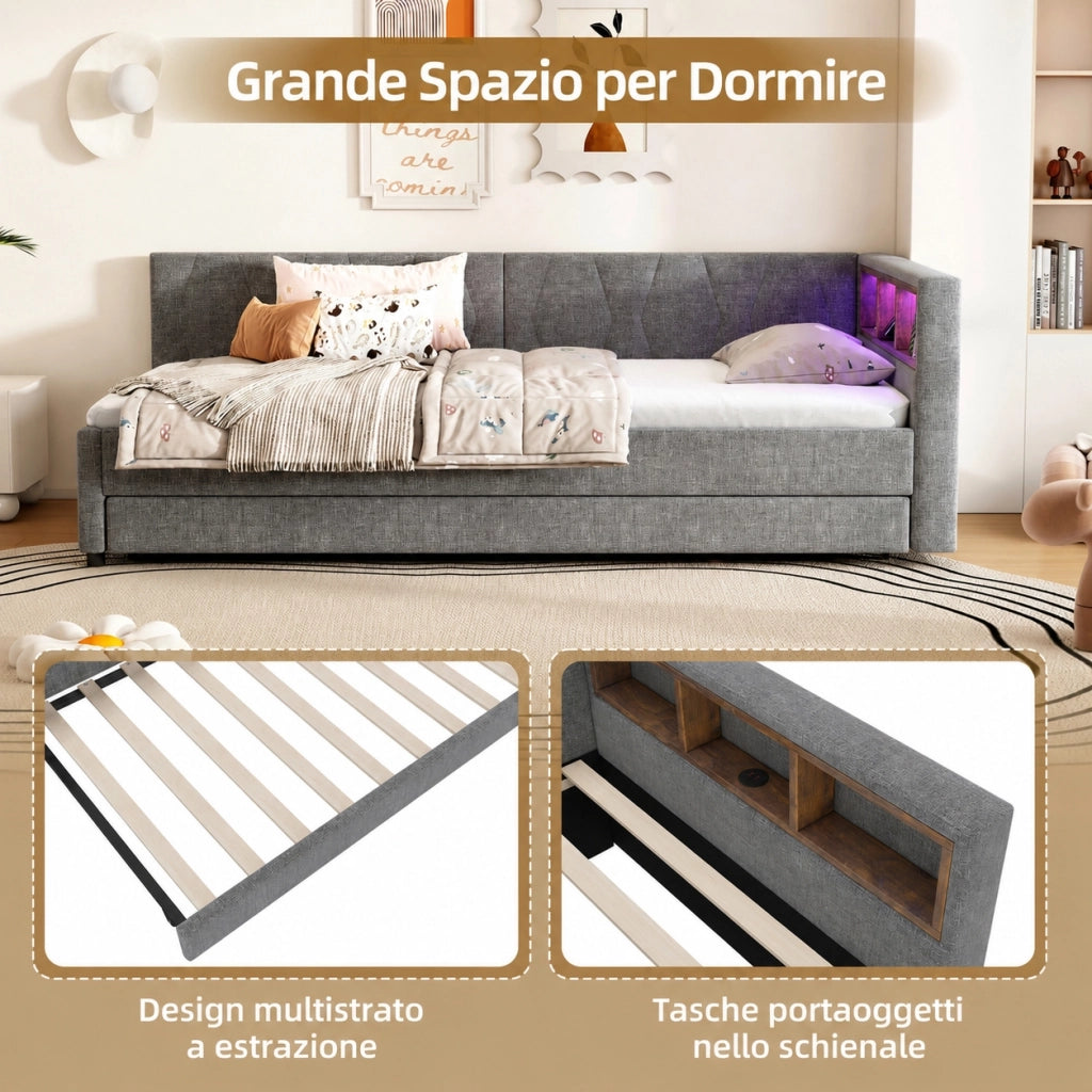 Letto singolo 90x200 cm con secondo letto estraibile; LED; USB e tipo C; lino e MDF; beige