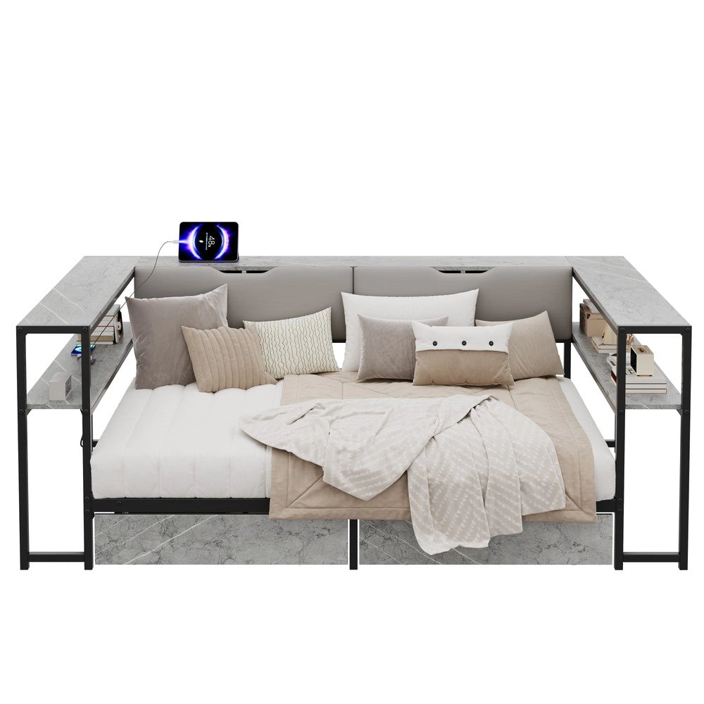 Letto Singolo Imbottito con 2 Cassetti e Rete a Doghe in Metallo ¨C Xylo ¨C 90x200, Grigio Cemento