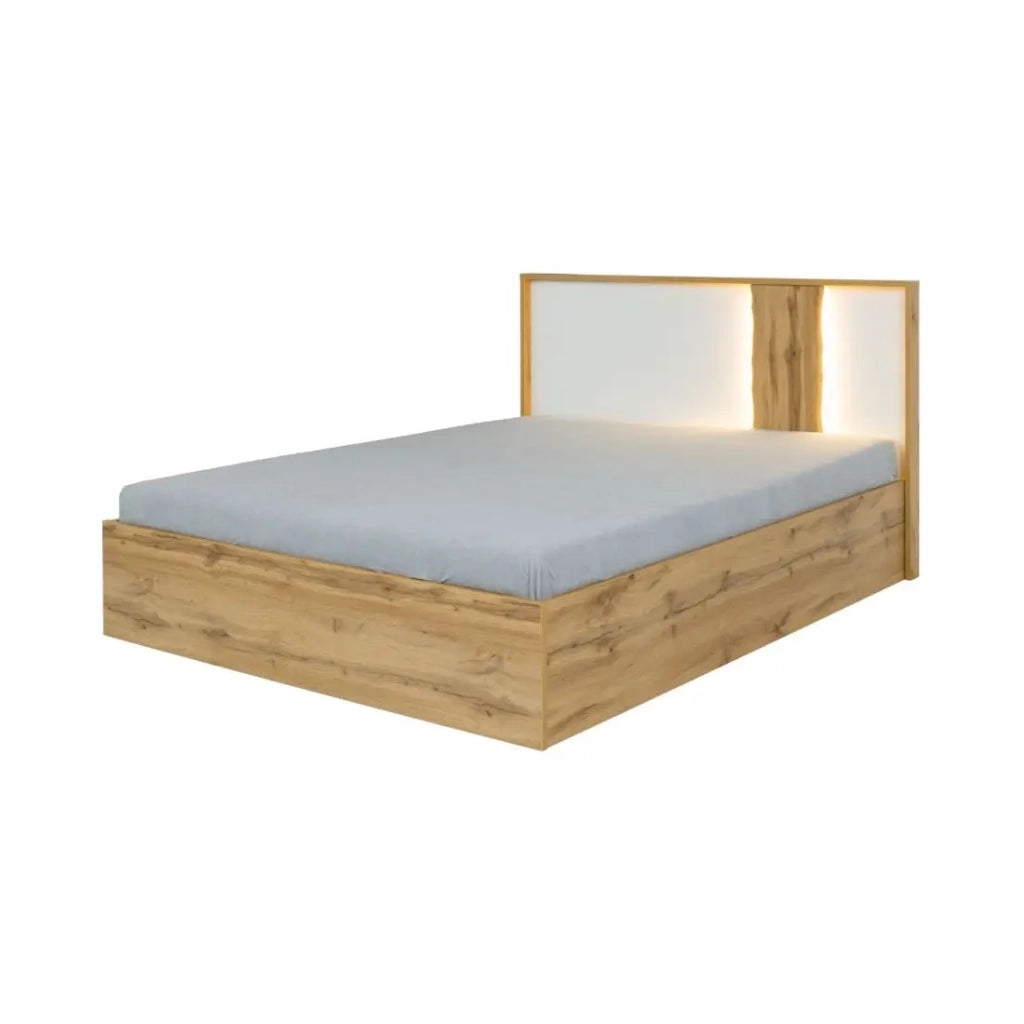 Pack letto WOOD 180 x 200 cm con LED e 2 comodini – Bianco e rovere – Set camera da letto design