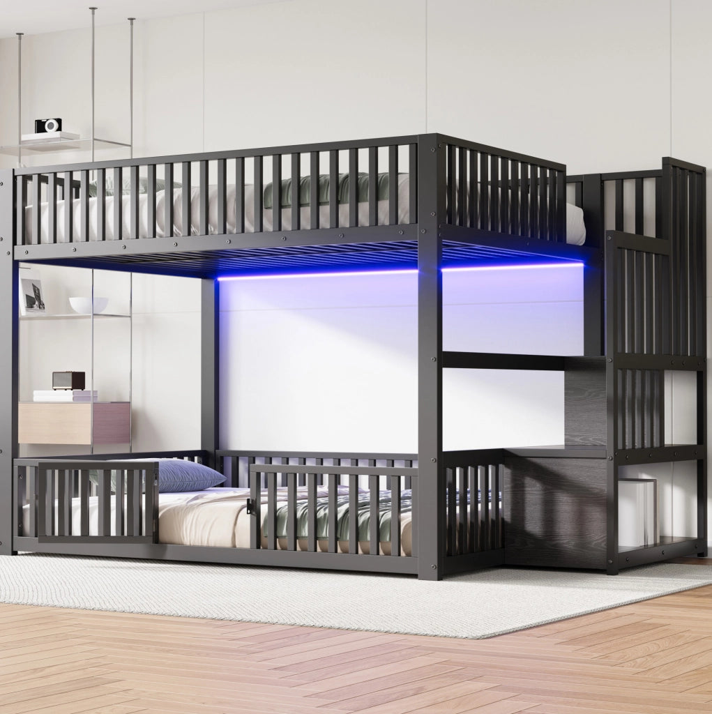 Letto a castello basso 140x200 cm con scala contenitore e LED; nero