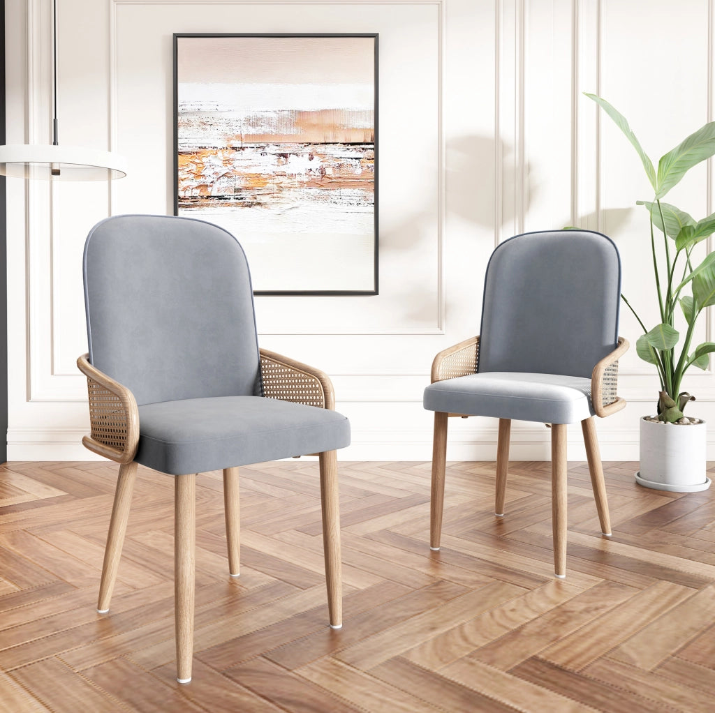 Set 6 sedie da pranzo grigie in velluto, design in rattan e gambe metalliche