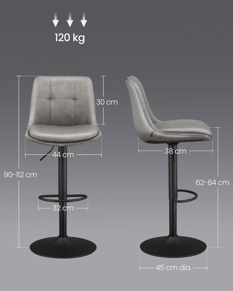 VASAGLE Set di 2 Sgabelli da Bar, Sedie da Bar Girevoli Regolabili in Altezza, PU Trapunta, Sedie da Cucina con Schienale e Poggiapiedi, Sala da Pranzo, Bancone, Acciaio, Grigio Tortora LJB095G01
