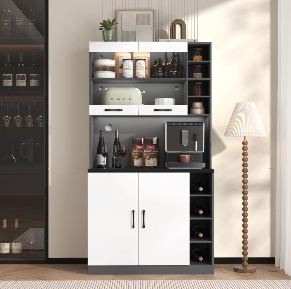 Credenza da cucina 100x47x187 cm grigia e bianca, LED, passacavi, per microonde