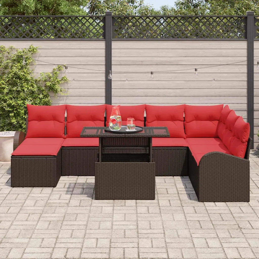 Set Divano da Giardino 9 pcs Marrone e Rosso polyrattan