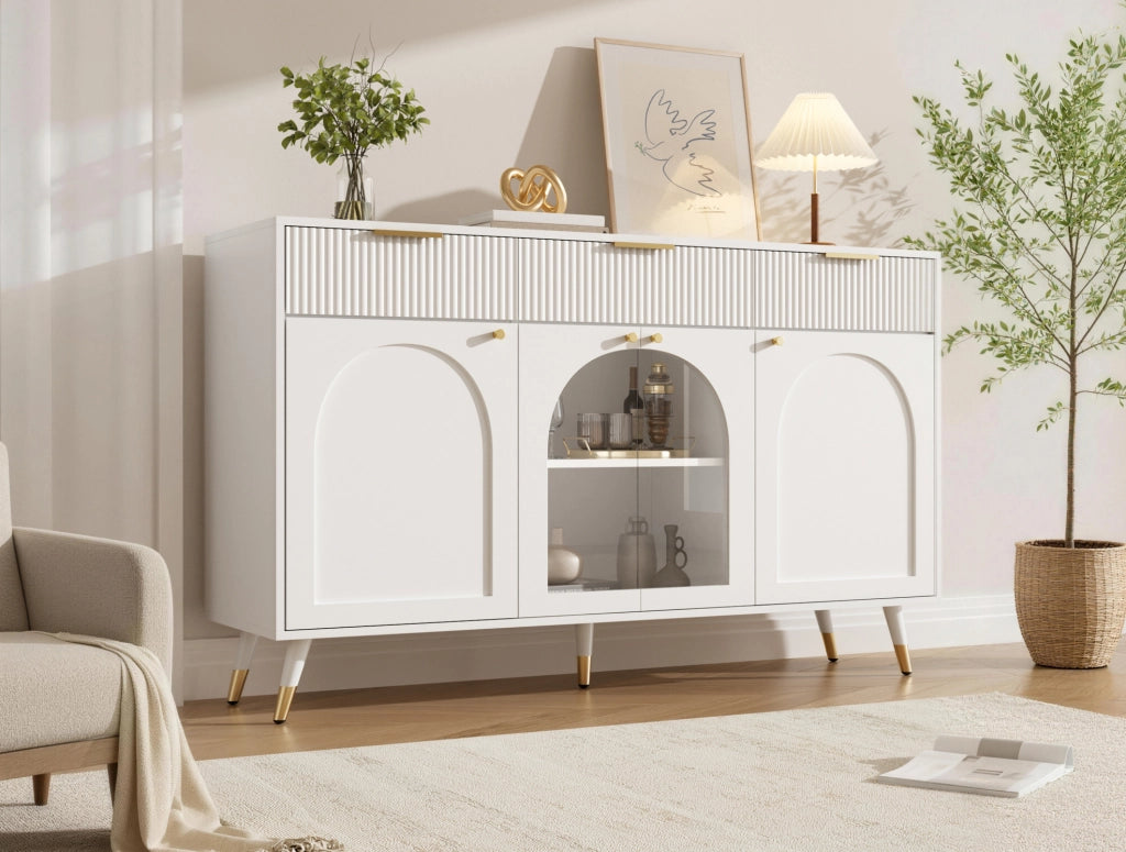 Credenza con 4 ante e 3 cassetti; inserti in acrilico; 140x40x85;5 cm; bianca