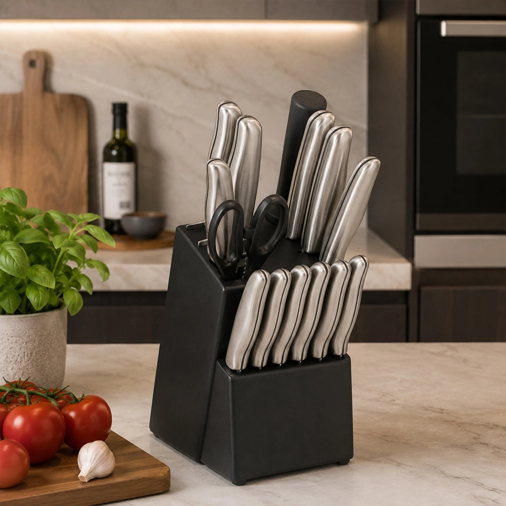 Ceppo Coltelli con 15 Pz in Acciaio Impugnatura Ergonomica Ideale per Cucinare