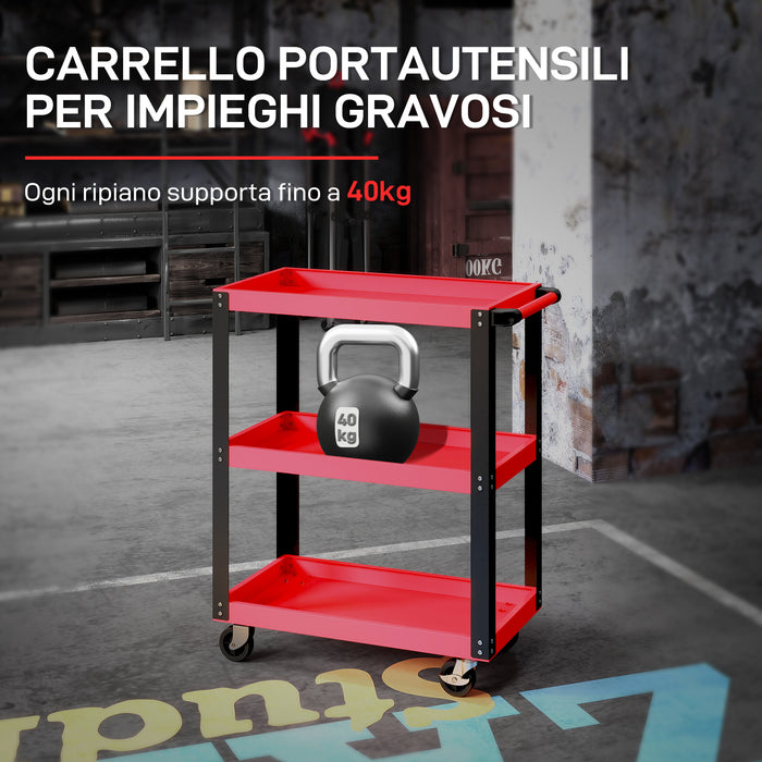 Carrello Porta Attrezzi a 3 Ripiani 70,5x35x82,5 cm in Metallo e PP Rosso e Nero