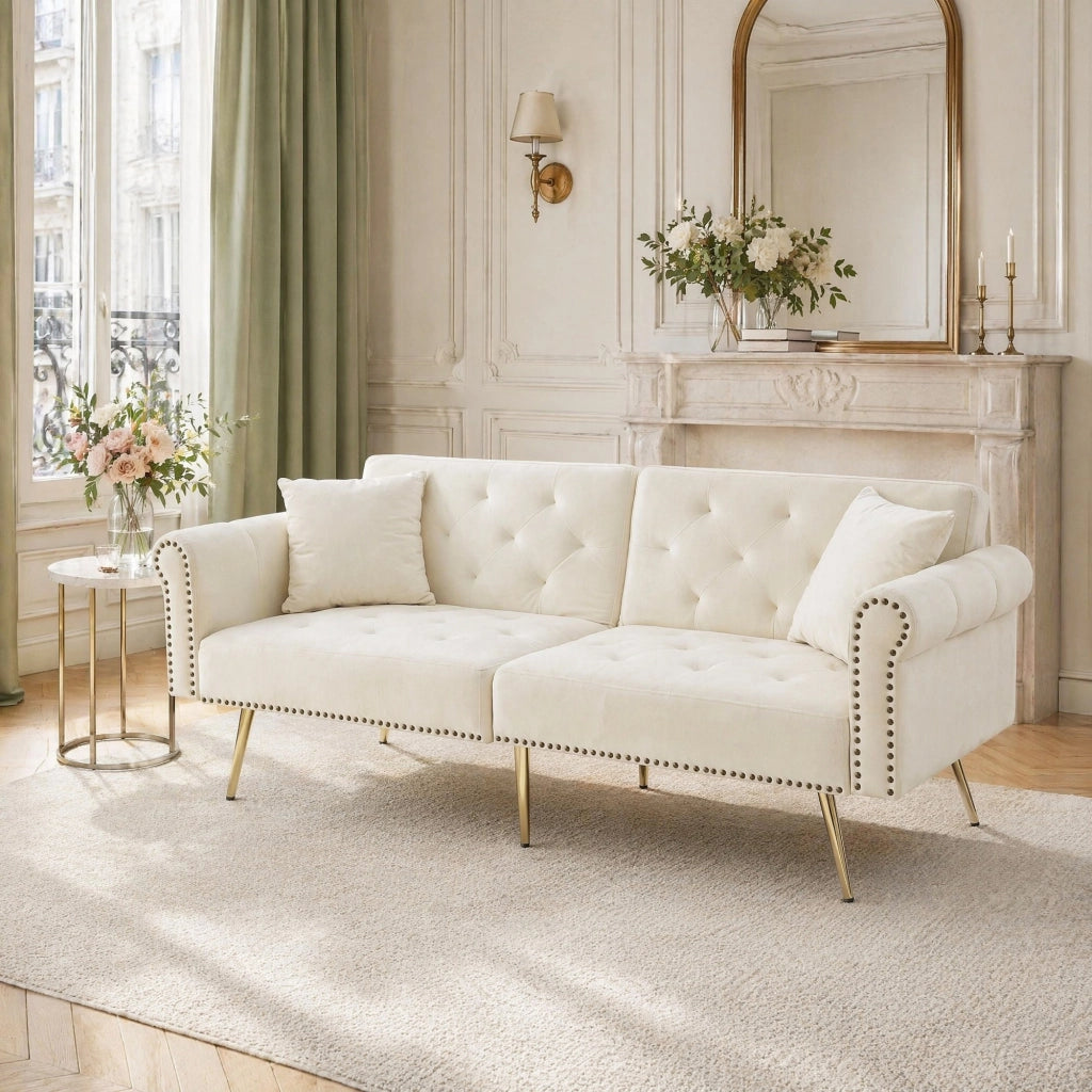DIVANO LETTO 2 posti reclinabile 147x85 cm velluto Beige con 2 cuscini