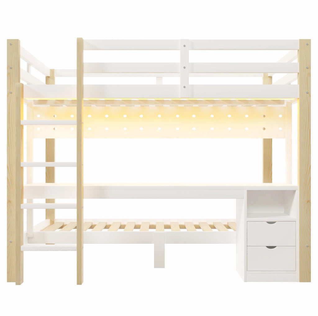 Letto a soppalco 140x200 cm con scrivania; cassetti e LED; in pino bianco e naturale