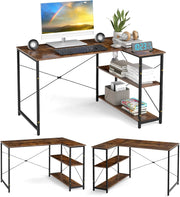 Scrivania a forma di L da 118 cm, tavolo per computer con ripiano reversibile, scrivania ad angolo moderno con ripiano regolabile, per studio, ufficio, marrone