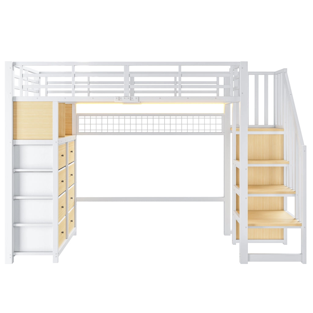 Letto a soppalco 90x200 cm con 8 cassetti e LED in MDF e metallo bianco