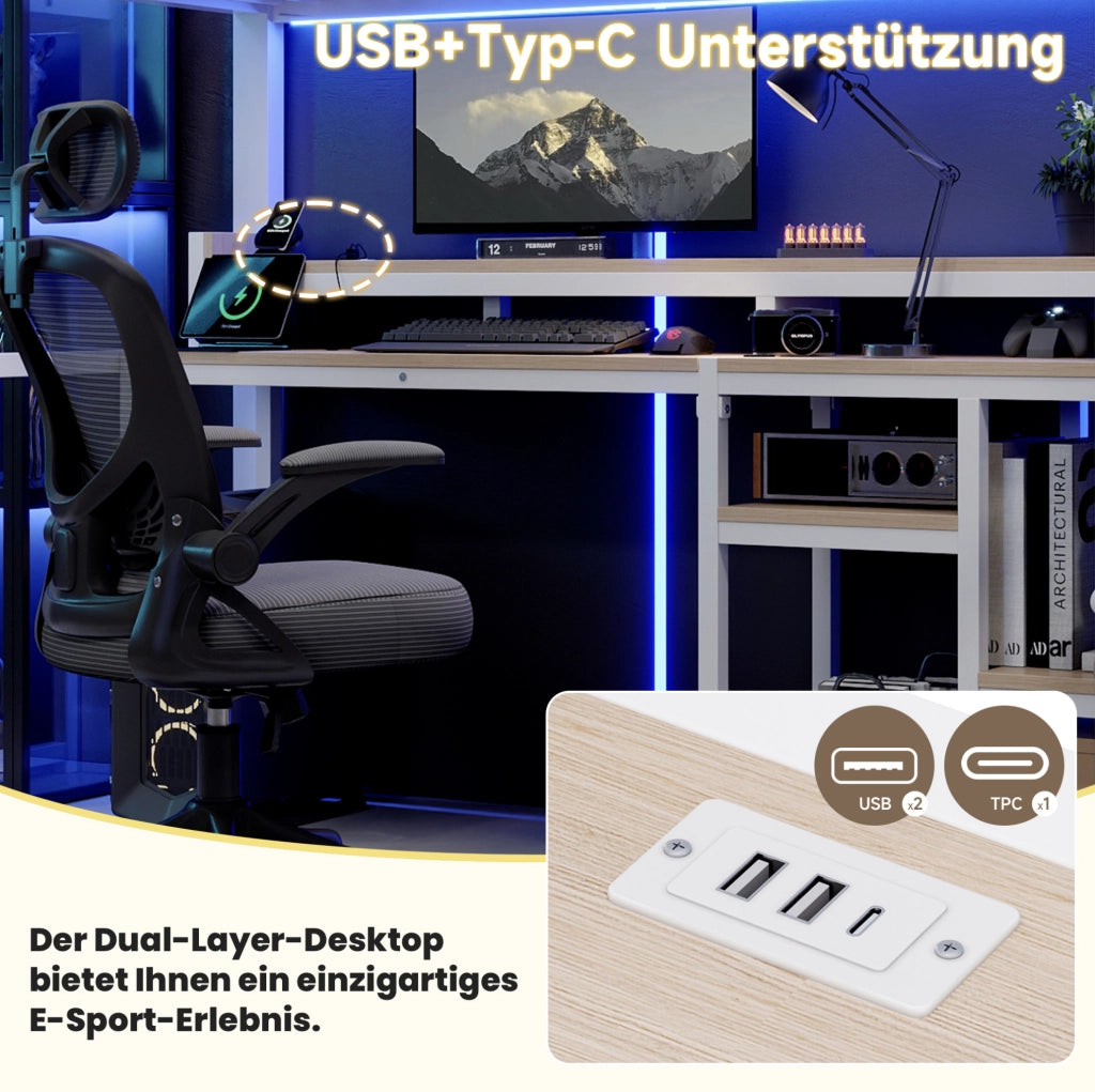Letto a soppalco con scala contenitore, LED e ricarica USB, bianco