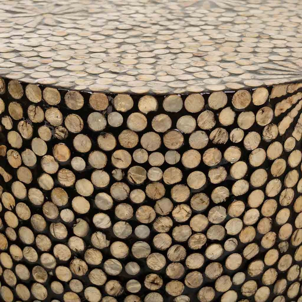 Sgabello rotondo in legno rifinito in capiz marrone 40x40x51h