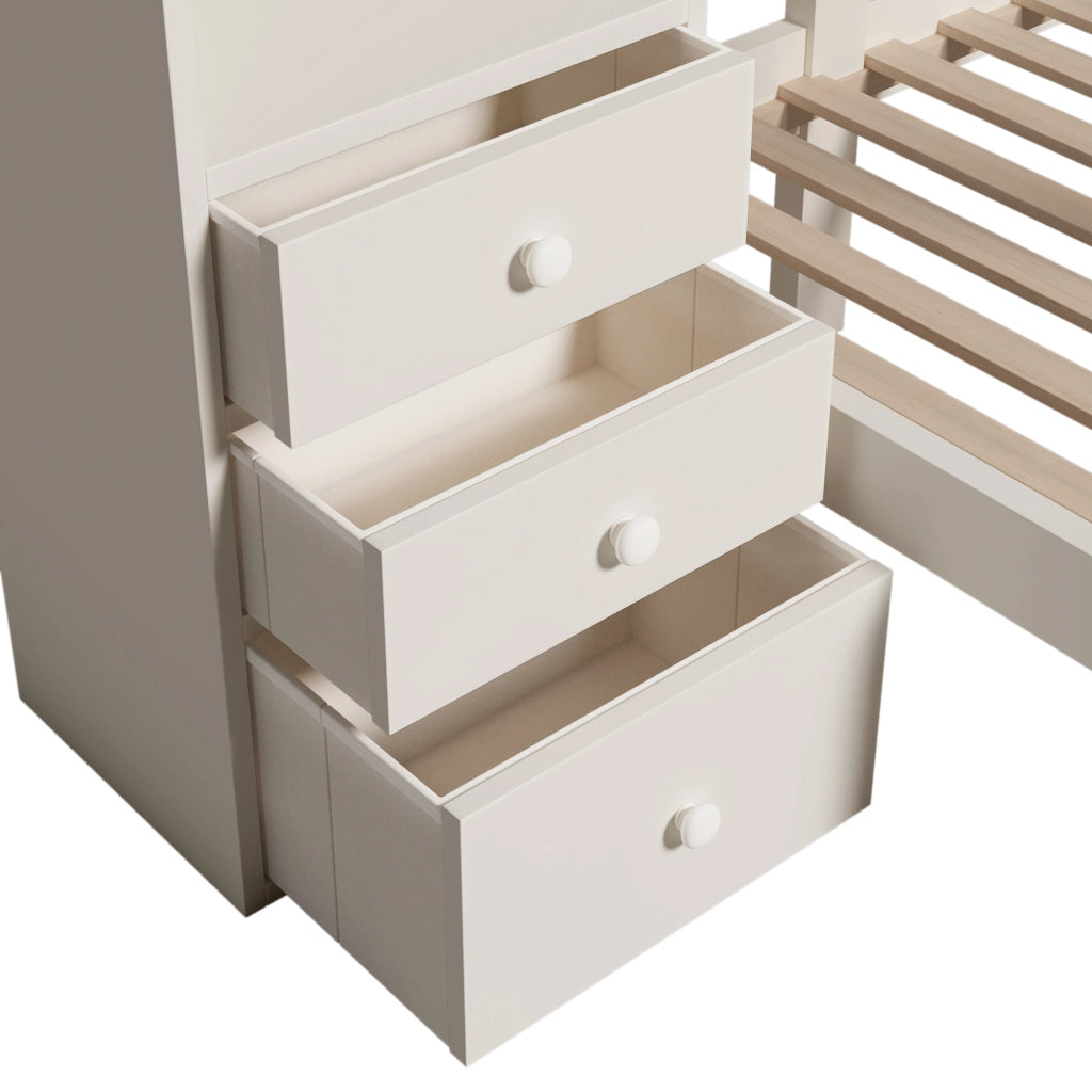 LETTO A CASTELLO SFALSATO 90x200 cm Bianco Metallo e Legno con Ripiani e Cassetti