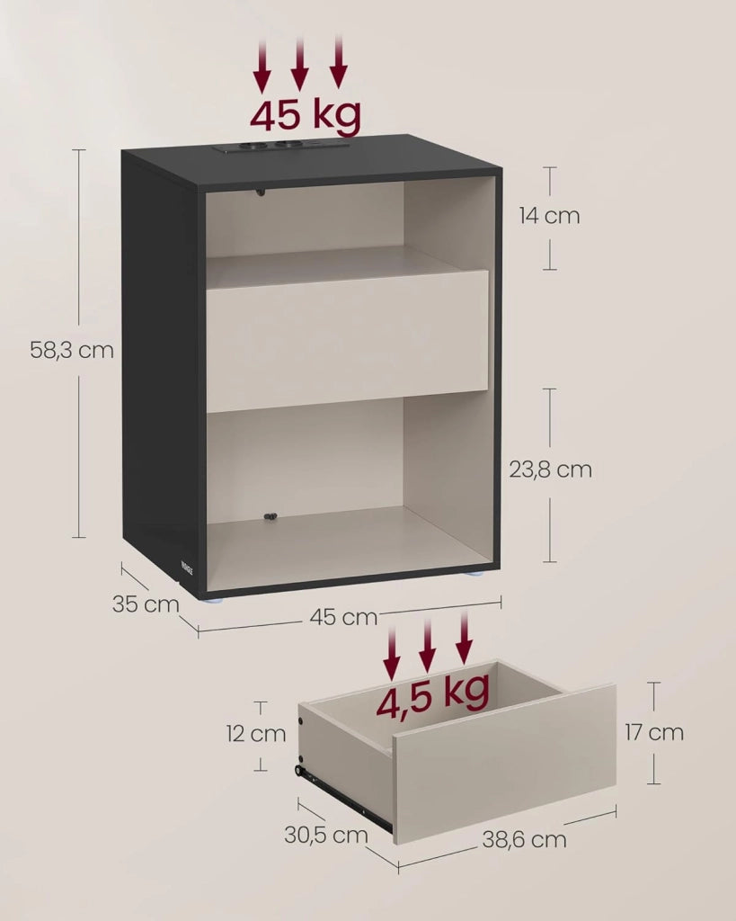 VASAGLE Comodino, Montaggio Rapido Senza Attrezzi Toolless, Tavolino con Stazione di Ricarica, Moderno, Cassetto, per Camera da Letto e Soggiorno, Nero Inchiostro e Beige Cappuccino LET777B04