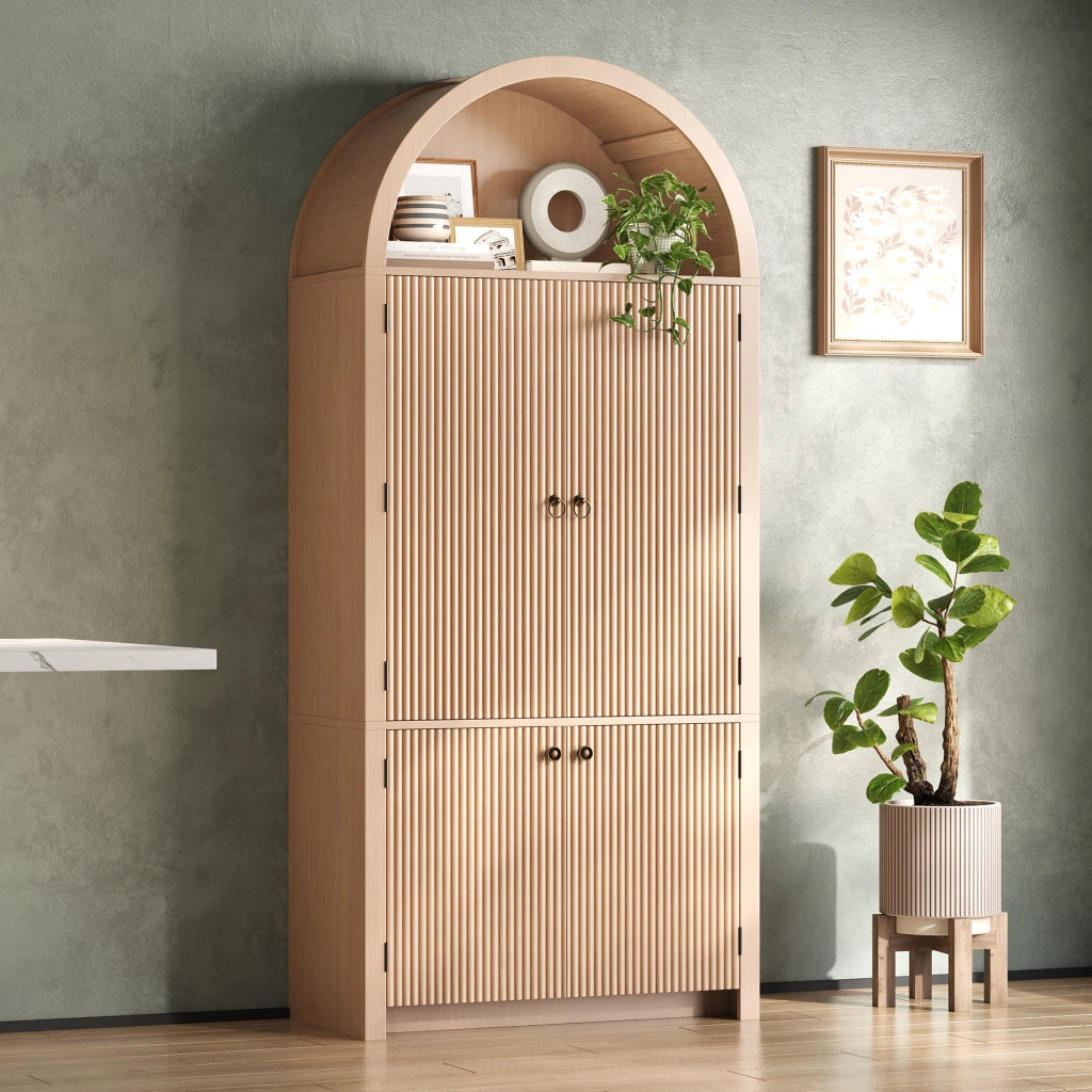 Armadio ad arco con 3 ripiani, 2 vani sulle ante e vano aperto superiore, per soggiorno, in MDF naturale, 80 × 40 × 180 cm
