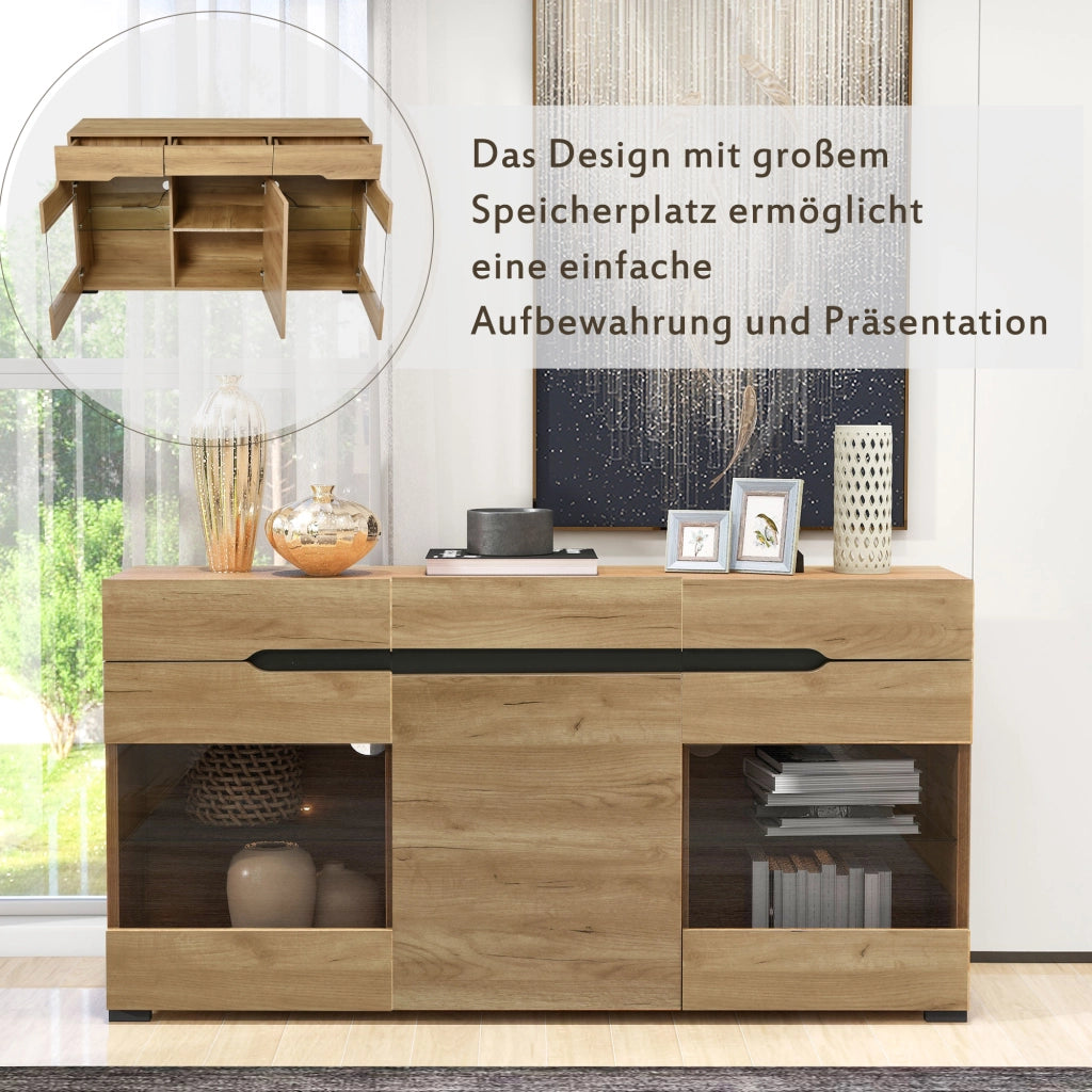 Credenza con 3 Ante e 3 Cassetti e LED; Frontale Lucido; Stile Moderno; Soggiorno; in Pannello Truciolare; 140??35??80 cm; Rovere