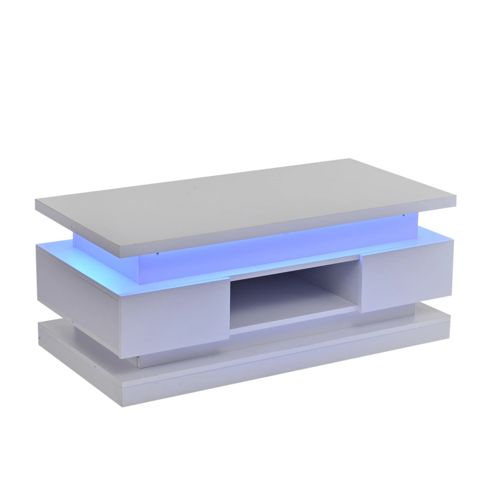 Tavolino basso sollevabile con LED, 2 cassetti e vano nascosto, per soggiorno, in truciolare, bianco, 100 × 50 × 40 cm