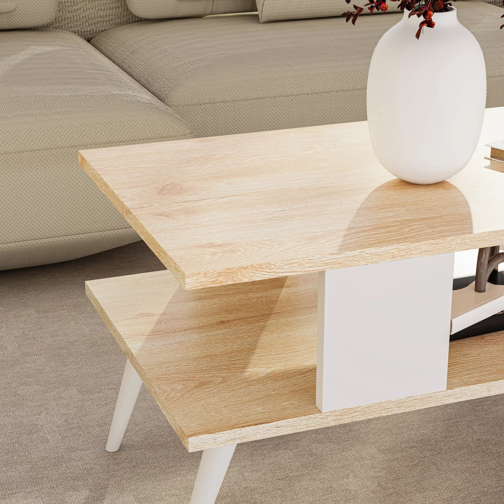 Tavolino Basso da Divano 'Lycksele' con Scomparto Semiaperto e 4 Piedini - Effetto Rovere / Bianco [en.casa]