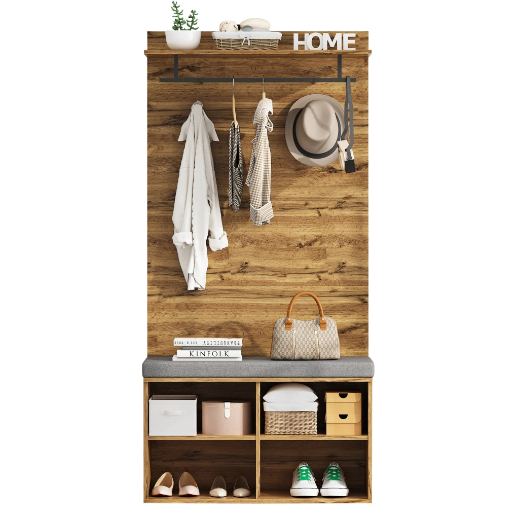 Mobile da ingresso con scarpiera imbottita, ripiano regolabile, asta appendiabiti e 2 ganci, in truciolare, rovere, 84 × 35 × 175 cm