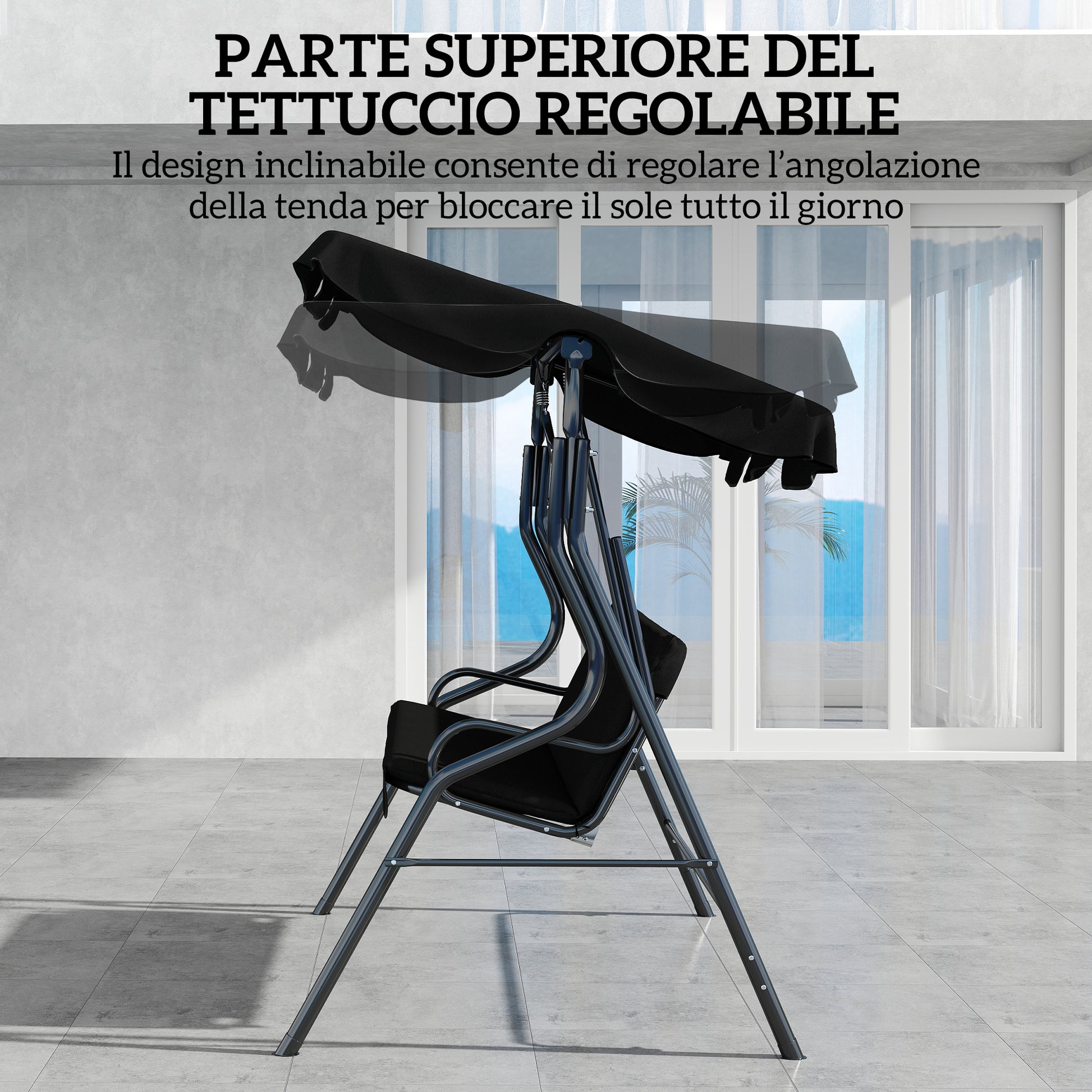 Dondolo 3 Posti 170x110x153 cm con Tettuccio Regolabile e Cuscini in Acciaio e Poliestere Nero